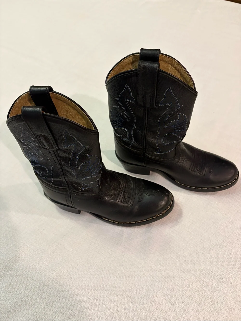 Children's Black Leather Western Pull-On Cowboy Boots Size 11.5